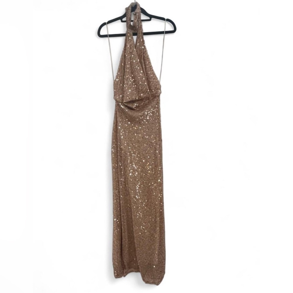 Zara Sequin Halter Maxi Dress in Bronze
